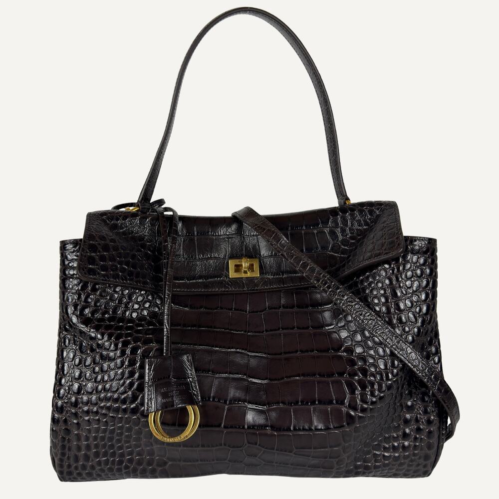 Balenciaga Rodeo Medium Croc Embossed Calfskin Shoulder Bag Brown Unisex